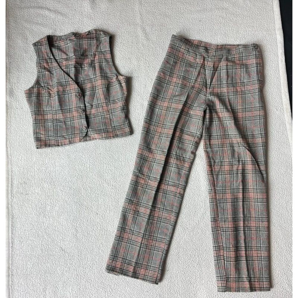 Vintage 70s Hand Knit Houndstooth 2 Piece Vest & Trousers Set Womens XS - S